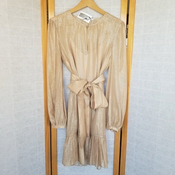 Intermix Women's Margot Metallic Striped Georgette Dress Size 10 NWT Gold Lamé - Picture 2 of 12